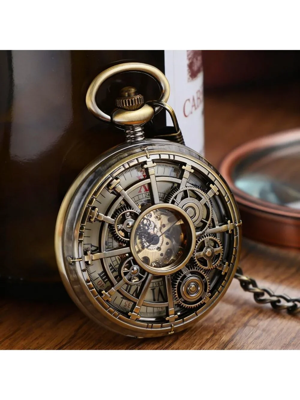 Men's Brown Vintage Style Hollow-Out Round Gear Arabic Mechanical Pocket Watch